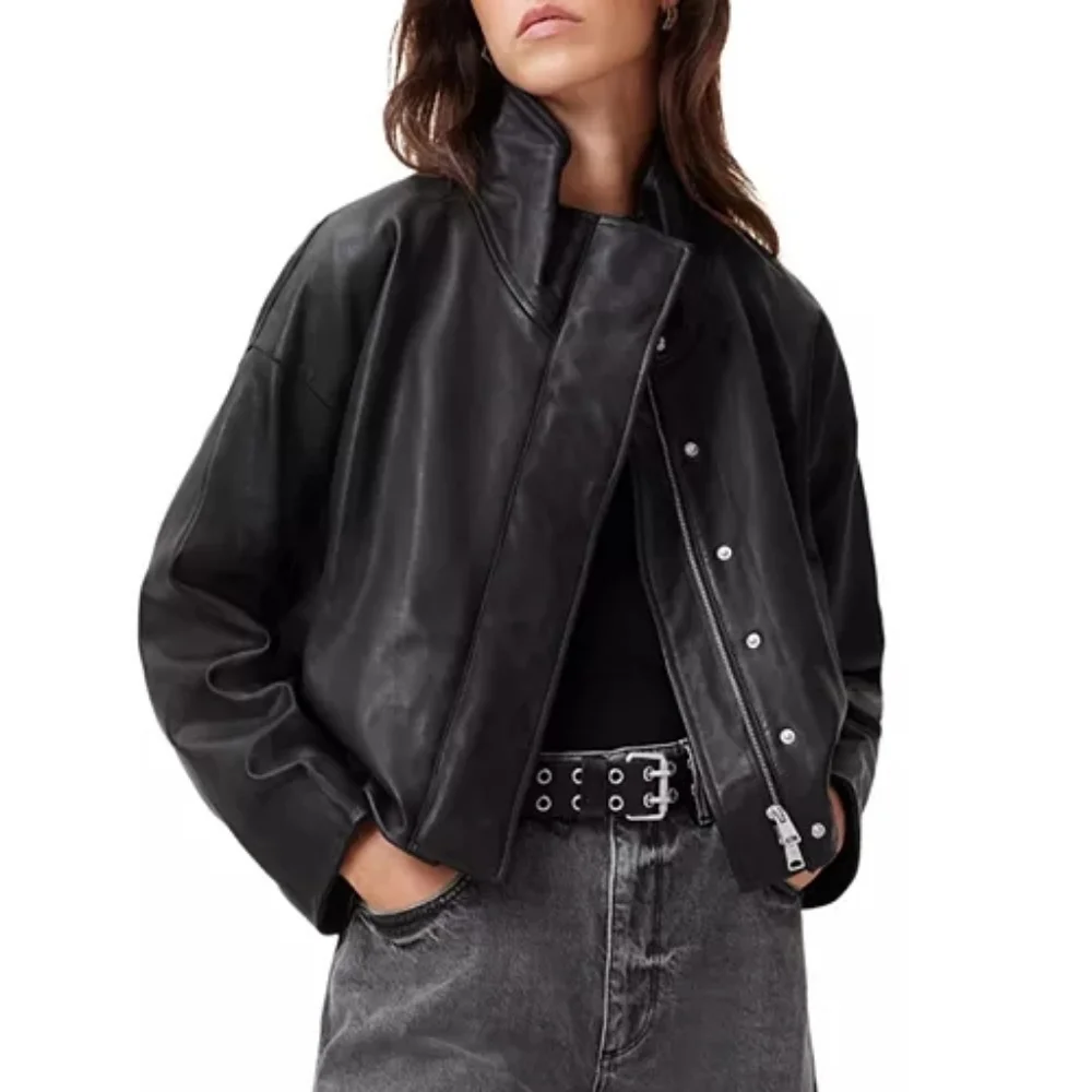 AllSaints Ryder Funnel Neck Cropped Lambskin Leather Jacket - Picture 12 of 13